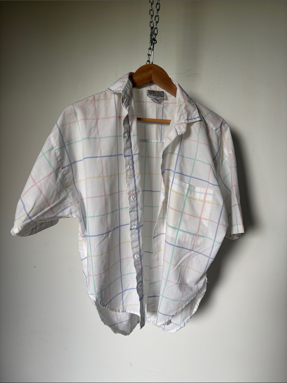 Vintage White Button-Down Shirt with Pastel Windowpane Check
